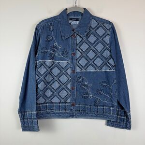 Sara Studio Jacket Women Sz M Blue Denim Embroidered Button Front Patchwork Boho
